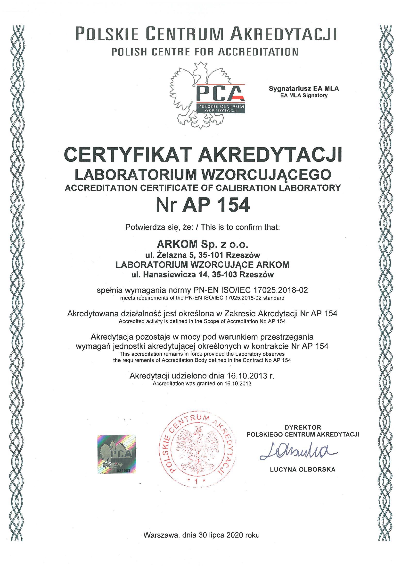 Certyfikat akredytacji nr AP-154